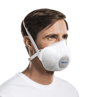 Man wearing white Moldex disposable masks